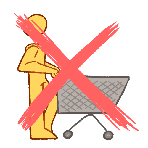 a yellow figure pushing a shopping trolley. they and the trolley are messily crossed out in red.